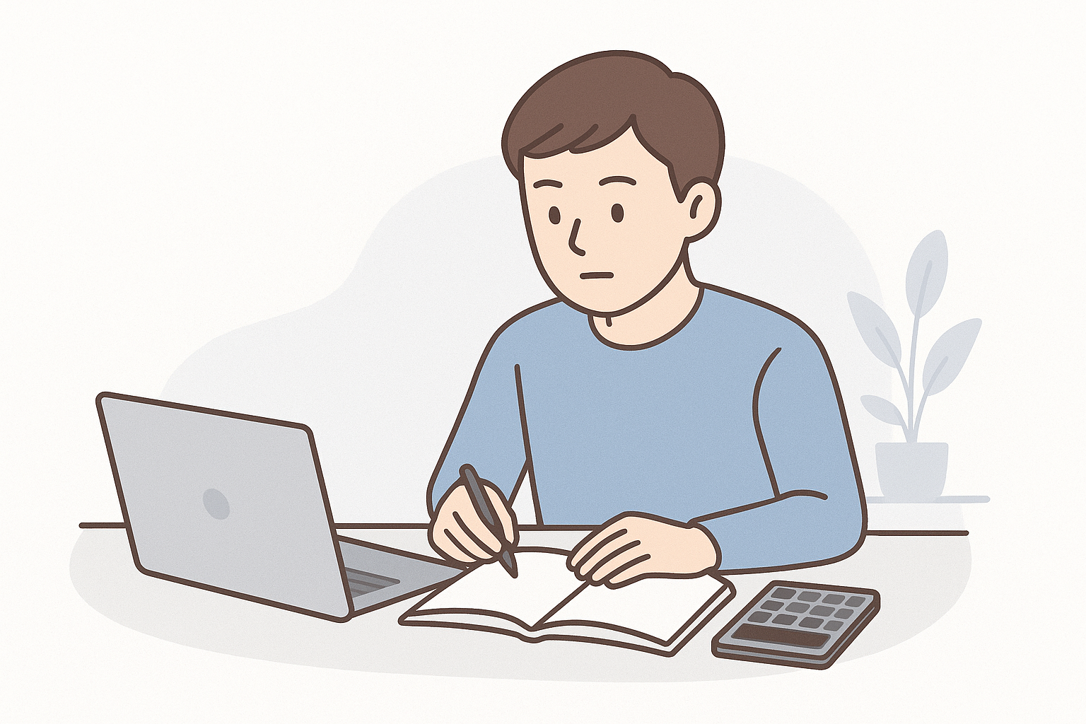 簿記2級の学習をする社会人男性